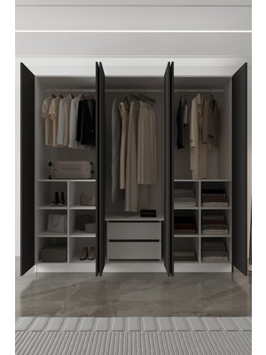 Aeka AE-2190 Hisar Beyaz/antrasit 6 Kapaklı Çok Bölmeli Askılı ve Raflı Geniş Hacimli Gardırop 210X210 cm