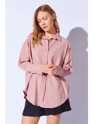 Manche Gül Kurusu Gofre Oversize Rahat Kesim Kadın Gömlek | MKS161103-01