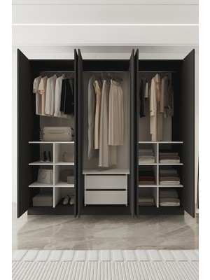 Aeka AE-2190 Hisar Antrasit/antrasit 6 Kapaklı Çok Bölmeli Askılı ve Raflı Geniş Hacimli Gardırop 210X210 cm