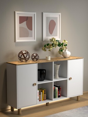 Wood'n Love Nora Bohem Ledli Konsol - Çok Amaçlı Dolap 2 Kapak 4 Raflı - Atlantik Çam / Beyaz