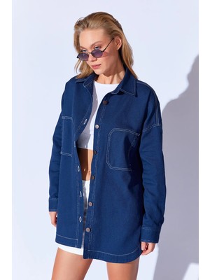 Manche Gabardin Yıkamalı Dikiş Detaylı Çift Cep Oversize Kadın Dış Gömlek | Lacivert MKW169415-01