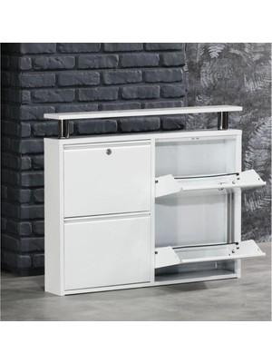 Handanca Tablalı (2 +2) 4'lü Metal Ayakkabılık - Kilitli -Beyaz