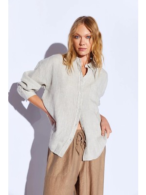Manche Naturel  %100 Saf  Keten Yıkamalı Lüx Tek Cep Oversize Kadın Gömlek  | MKS169571-01