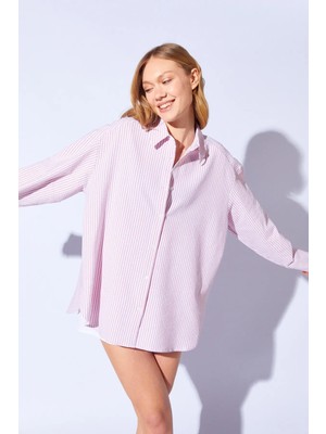 Manche Boyfriend Salaş Bürümcük Çizgili Kadın Gömlek | Pembe MKS1610021-1
