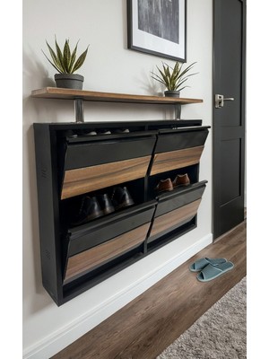 Handanca Tablalı 4'lü Mdf Kaplamalı Metal Ayakkabılık - Siyah Natural Ceviz