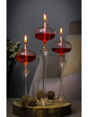 Handanca Elips Şamdan Cam Kandil 3lü Set Kırmızı