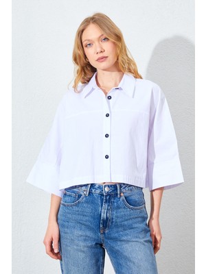Manche Düşük Kol Çimalı Crop Poplin Gömlek - Beyaz | MKS161451-01