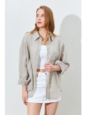 Manche Doğal Dokusu ve Nefes Alabilir Yapısıyla %100 Keten Kadın Gömlek - Naturel | MKES169571-1