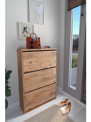 Handanca Düşer Kapak Ayakkabılık Kayar Raflı Ayakkabılık 3 Bölmeli Ayakkabılık Melek Çam