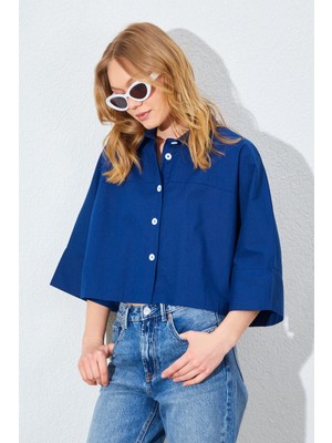 Manche Düşük Kol Çimalı Crop Poplin Gömlek - Lacivert | MKS161451-01