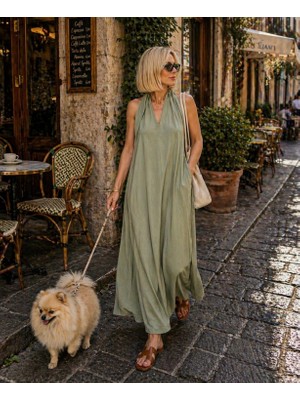 İbeeka Milano Flow Maxi Dökümlü Elbise  - Haki - L - ST01140-HAKİ-L