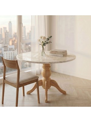 Silla Concept Döküm Mermer Yuvarlak Üst Tablalı Baba Ayaklı Naturel Ahşap Masa (110 Cm)