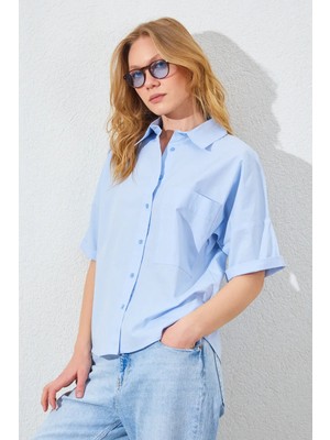 Manche Düşük Kol Tek Cepli Gömlek - Mavi | MKS161450-01