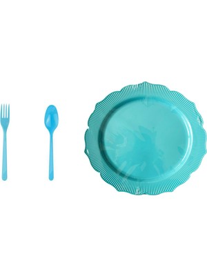 Omeyva Mika Plastik Turkuaz Sorfa Piknik Seti - 26 Cm. - 12 Kişilik Tabak Çatal Kaşık Takımı