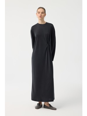 Kadriye Baştürk Modal Cupra Asimetrik Düğüm Detaylı Elbise Siyah