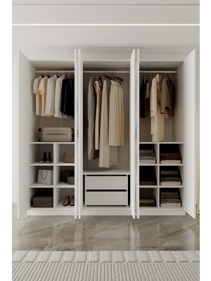 Aeka AE-2190 Hisar Beyaz/beyaz 6 Kapaklı Çok Bölmeli Askılı ve Raflı Geniş Hacimli Gardırop 210X210 cm