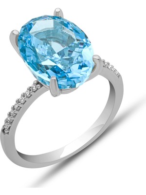 DMR Elegance Gümüş Ice Cut Oval Mavi Zirkon Taşlı Kadın Yüzük