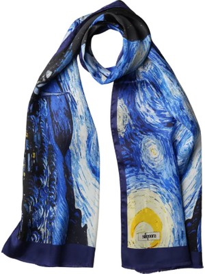 Silqoora %100 Ipek Şal Fular (45X165 Cm)-Vincent Van Gogh (Yıldızlı Gece Saks Mavi)