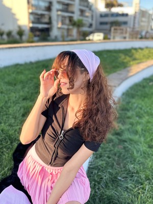 YamanCo Store Pembe Ekose Pamuklu Lastikli Kadın Bandana