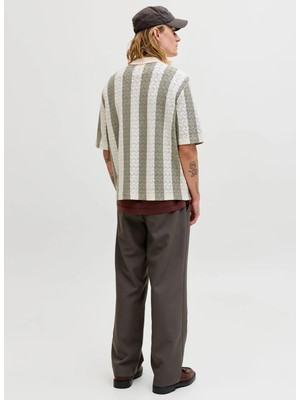 Jack & Jones Krem Erkek Loose Fit Çizgili Kazak 12272863 Jortyler Knıt Ss Polo Sn