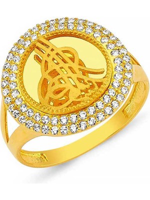 DMR Elegance Gümüş Gold Yuvarlak Tuğralı Kadın Yüzük