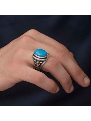 DMR Elegance Gümüş Zirkon Turkuaz Taşlı Oval Erkek Yüzük