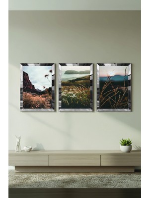 Zevahir Mobilya Dekorasyon Gümüş Aynalı Pleksi Çerçeveli Manzara Üçlü Mdf Tablo Seti
