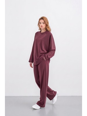 Basic Park Mürdüm Kadın Tencel Karışımlı Yumuşak Dokulu Bisiklet Yaka Basic Bol Paça Alt-Üst Takım