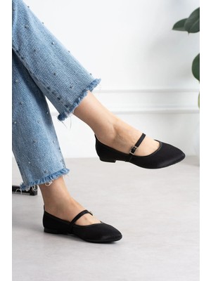 Shoetek Lofi Kadın Babet Önden Bantlı Tokalı Siyah Saten