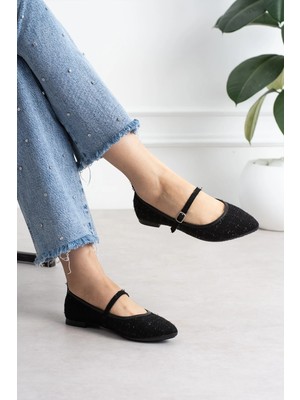 Shoetek Lofi Kadın Babet Önden Bantlı Tokalı Keten Dokumalı Siyah
