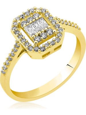 DMR Elegance Gümüş Baget Kesim Gold Bayan Yüzük