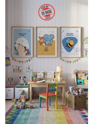 Giftcrea Uv Baskılı Çocuk Odası 3'lü Ahşap Mdf Tablo Seti - V12