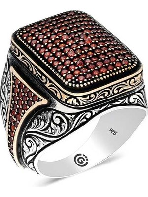 DMR Elegance Gümüş Kırmızı Zirkon Taşlı Kare Erkek Yüzük