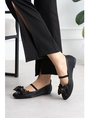 Shoetek Lowsi Kadın Babet Önden Bantlı Fiyonklu Siyah Saten