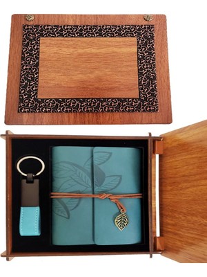 Aydogan's Ahşap Kutulu Mavi Deri Defter ve Anahtarlık Set