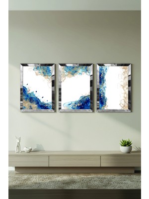 Zevahir Mobilya Dekorasyon Gümüş Aynalı Pleksi Çerçeveli Mavi Beyaz Kolaj Üçlü Mdf Tablo Seti
