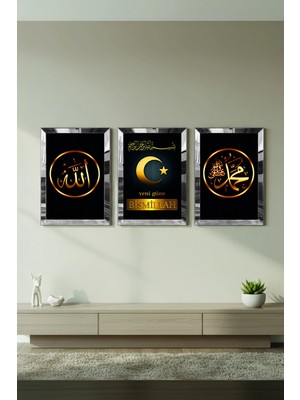 Zevahir Mobilya Dekorasyon Gümüş Aynalı Pleksi Çerçeveli Besmele Allah Muhammed Lafzı Dini Üçlü Mdf Tablo Seti