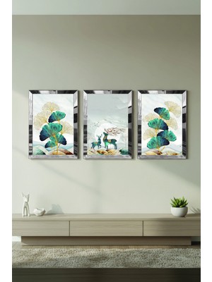 Zevahir Mobilya Dekorasyon Gümüş Aynalı Pleksi Çerçeveli Minimalist Üçlü Soyut Desen Üçlü Mdf Tablo Seti