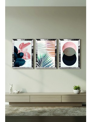 Zevahir Mobilya Dekorasyon Gümüş Aynalı Pleksi Çerçeveli Kolaj Çizim Üçlü Mdf Tablo Seti