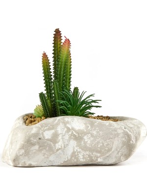 Objevi Beton Asimetrik Saksılı Yapay Kaktüs - Gri - 16X6X19 cm