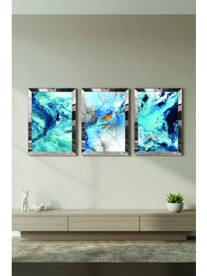 Zevahir Mobilya Dekorasyon Gümüş Aynalı Pleksi Çerçeveli Mavi Renkli Üçlü Mdf Tablo Seti
