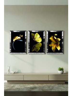 Zevahir Mobilya Dekorasyon Gümüş Aynalı Pleksi Çerçeveli Altın Renk Çiçek Kelebek Modern Üçlü Mdf Tablo Seti
