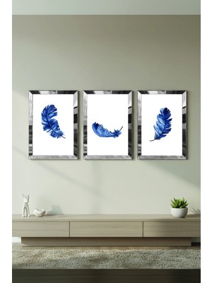 Zevahir Mobilya Dekorasyon Gümüş Aynalı Pleksi Çerçeveli Mavi Tüy Üçlü Mdf Tablo Seti