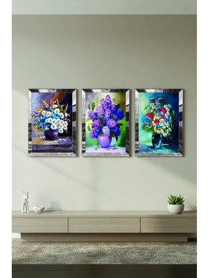Zevahir Mobilya Dekorasyon Gümüş Aynalı Pleksi Çerçeveli Renkli Vazo Çiçek Üçlü Mdf Tablo Seti