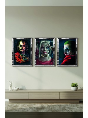 Zevahir Mobilya Dekorasyon Gümüş Aynalı Pleksi Çerçeveli Joker Karakter Üçlü Mdf Tablo Seti