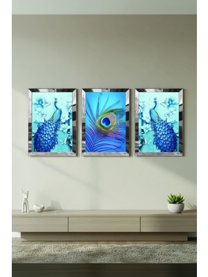 Zevahir Mobilya Dekorasyon Gümüş Aynalı Pleksi Çerçeveli Mavi Tavus Kuşu Üçlü Mdf Tablo Seti
