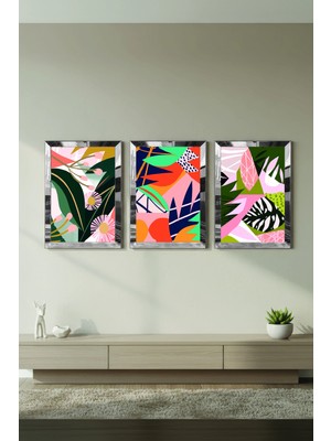 Zevahir Mobilya Dekorasyon Gümüş Aynalı Pleksi Çerçeveli Renkli Üçlü Mdf Tablo Seti