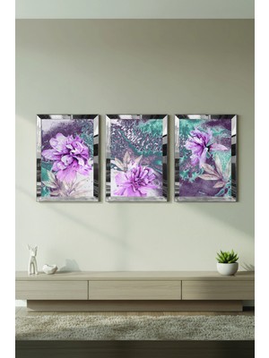 Zevahir Mobilya Dekorasyon Gümüş Aynalı Pleksi Çerçeveli Kolaj Çizim Çiçek Üçlü Mdf Tablo Seti