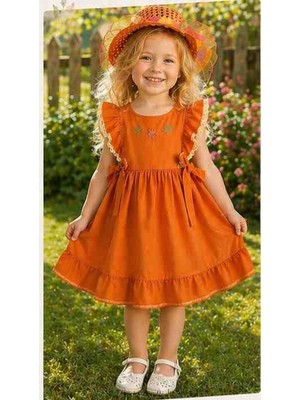 Lovinya Kids Turuncu Fırfırlı Nakış Detaylı Kız Çocuk Elbise ŞAPKA  HEDİYESİYLE