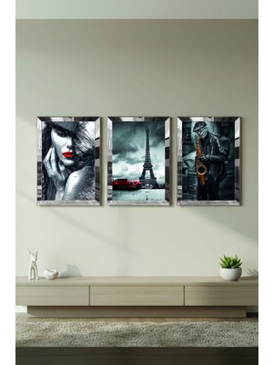 Zevahir Mobilya Dekorasyon Gümüş Aynalı Pleksi Çerçeveli Eiffel Kulesi Üçlü Mdf Tablo Seti